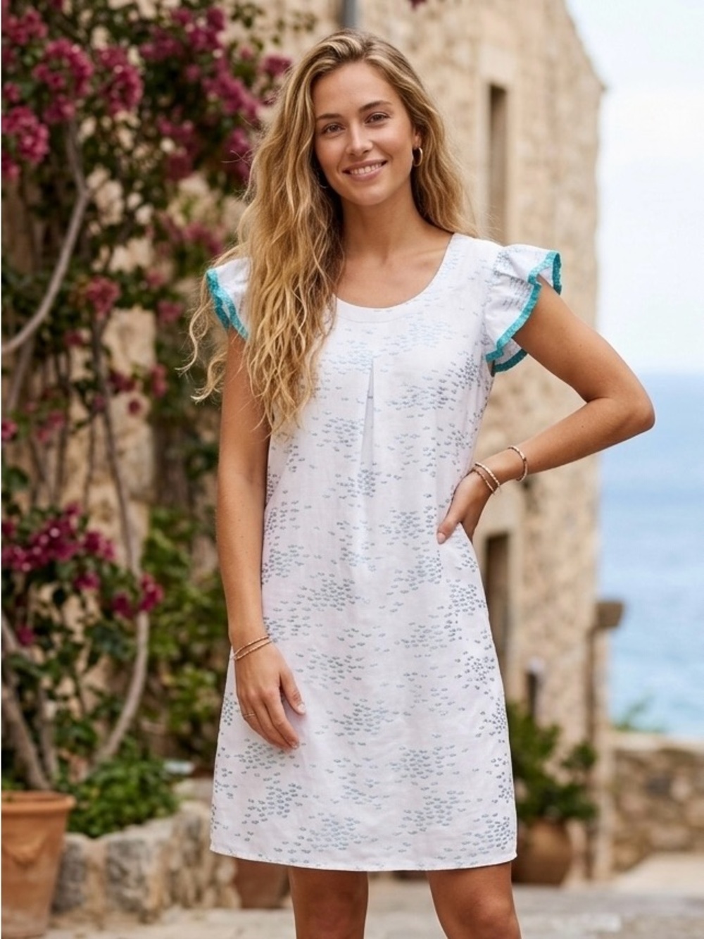 |NWT| PERSIFOR Clare Fish Print Silver Cotton Ruffle Sleeve Shift Dress L